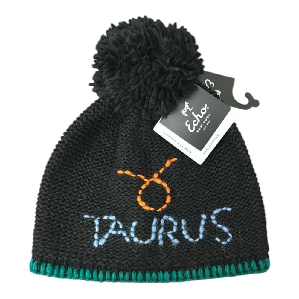 New Echo Wool Blend Taurus Zodiac Pom Pom Beanie Black Colorful Ski Retro